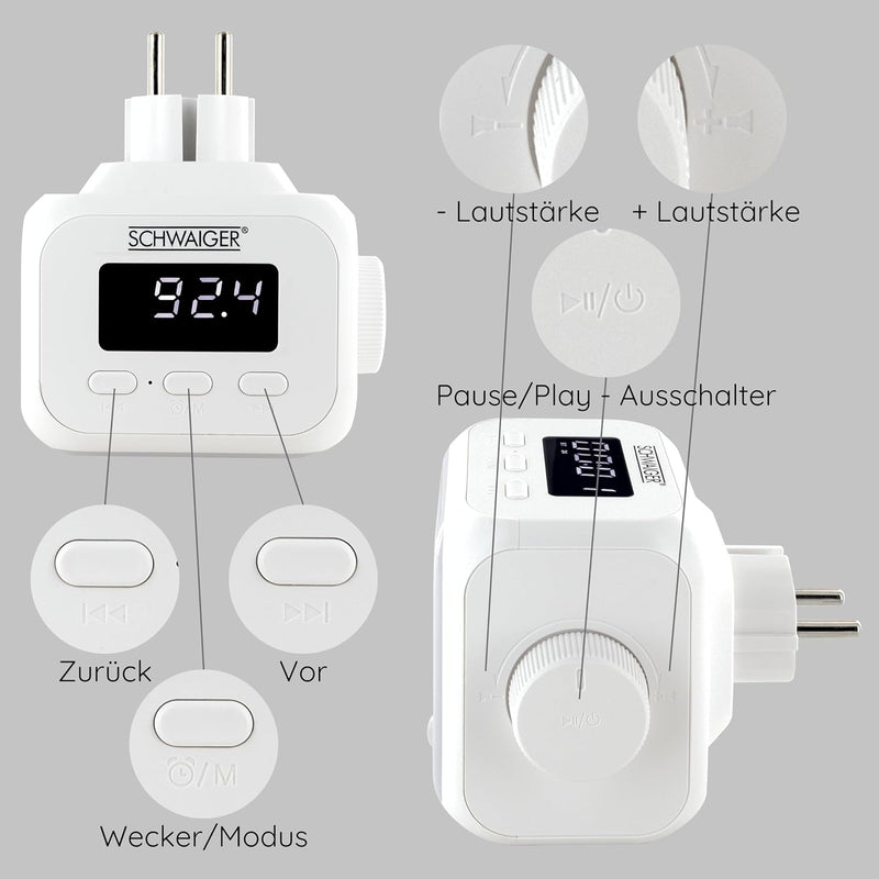 SCHWAIGER RAFM0100 Steckdosenradio Badezimmerradio Radio Steckdose FM Bluetooth Steckdosenlautsprech