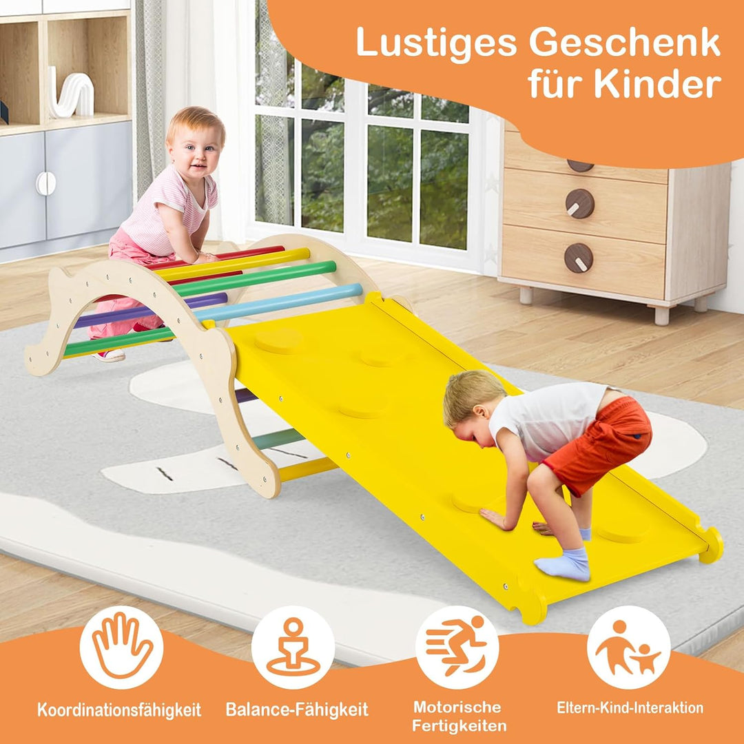 COSTWAY Kletterbogen mit Kissen, Kletterdreieck mit Rutsche Holz, 3 in 1 Klettergerüst Indoor zum Ru