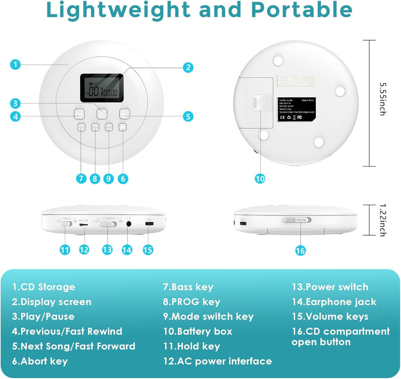 Gueray CD Player Tragbar CD Player Kinder CD Player HiFi Tragbarer CD Player Discman mit Kopfhörer L