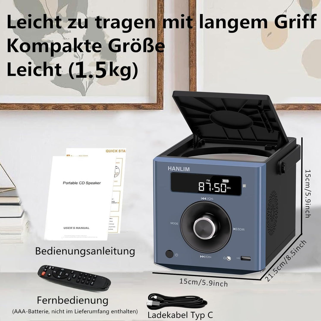 CD Player Tragbar mit Bluetooth, UKW Radio, 2000mAh wiederaufladbare Akku, MP3-Wiedergabe/USB/AUX-Ei