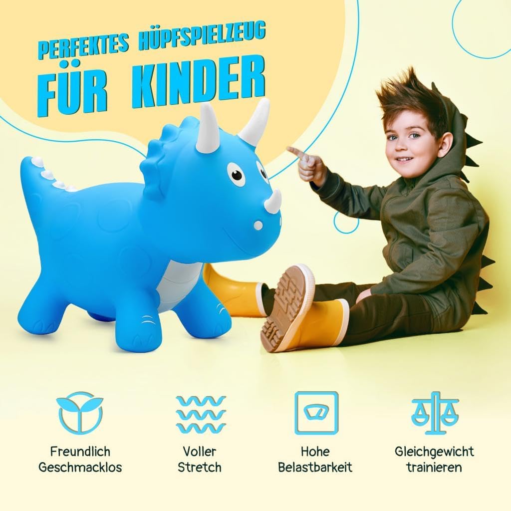 U&C Planet Hüpftier für Kinder, Dinosaurier Hüpfer mit Pumpe, aufblasbares Hüpfspielzeug, Dino Sprun