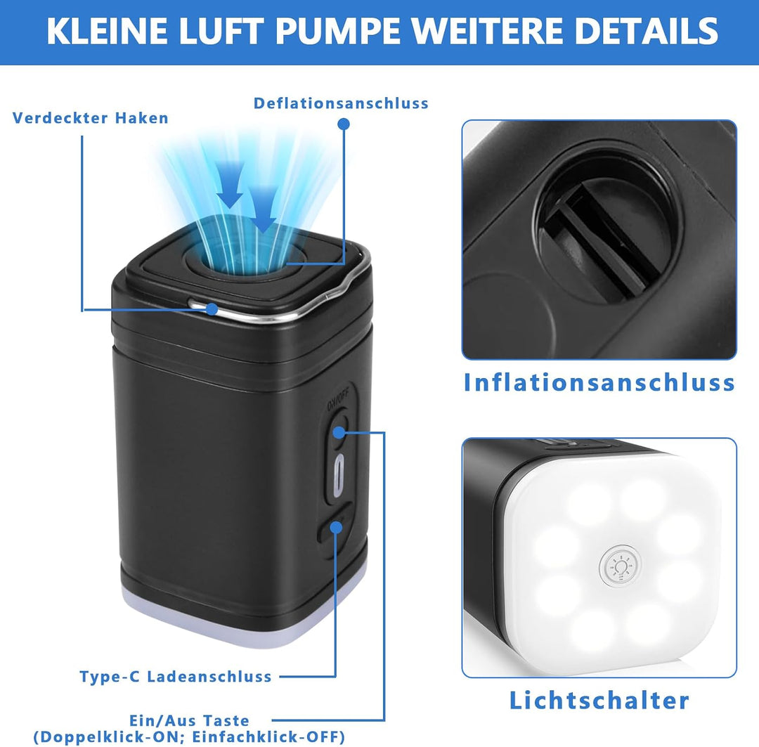 Elektrische Luftpumpe für Luftmatratze, Klein Luftpumpe Luftmatratze Pumpe mit 5 Düsen, Tragbare Ele