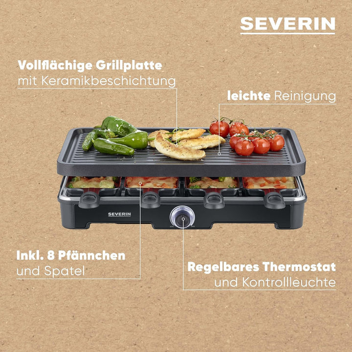 SEVERIN Raclette-Grill, Raclette mit grosser Grillplatte, Keramik- & Antihaftbeschichtung, 8 Raclett