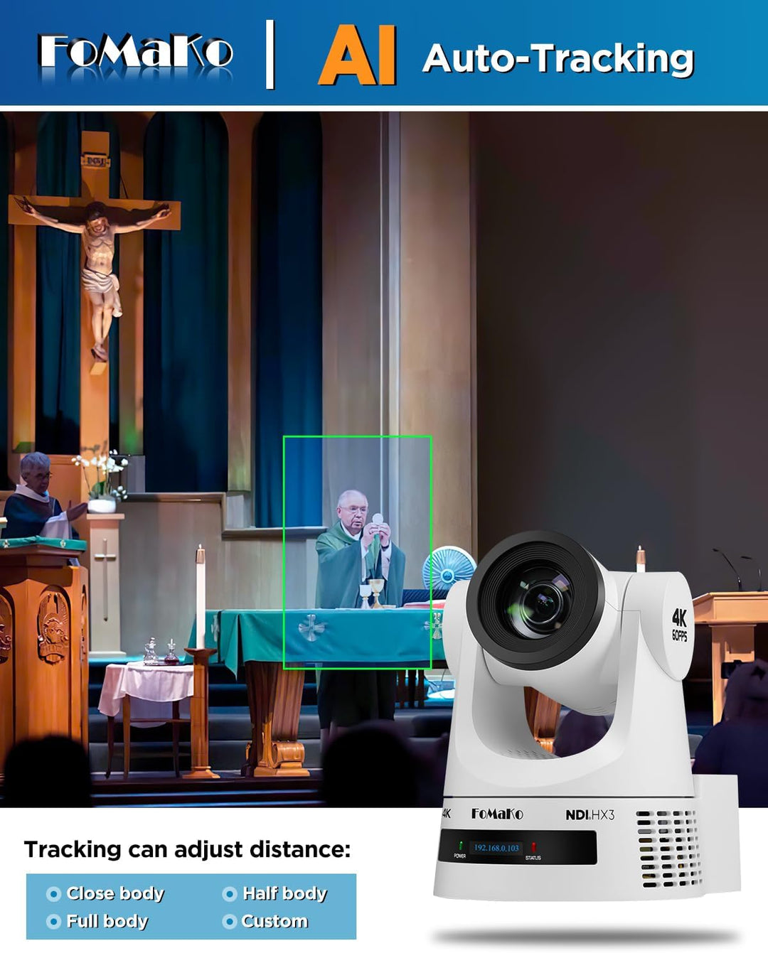 FoMaKo 4K 60FPS NDI HX3 PTZ Kamera, 20x Optischer Zoom, Gen 3 KI Auto-Tracking, 3G-SDI/HDMI/NDI/USB/