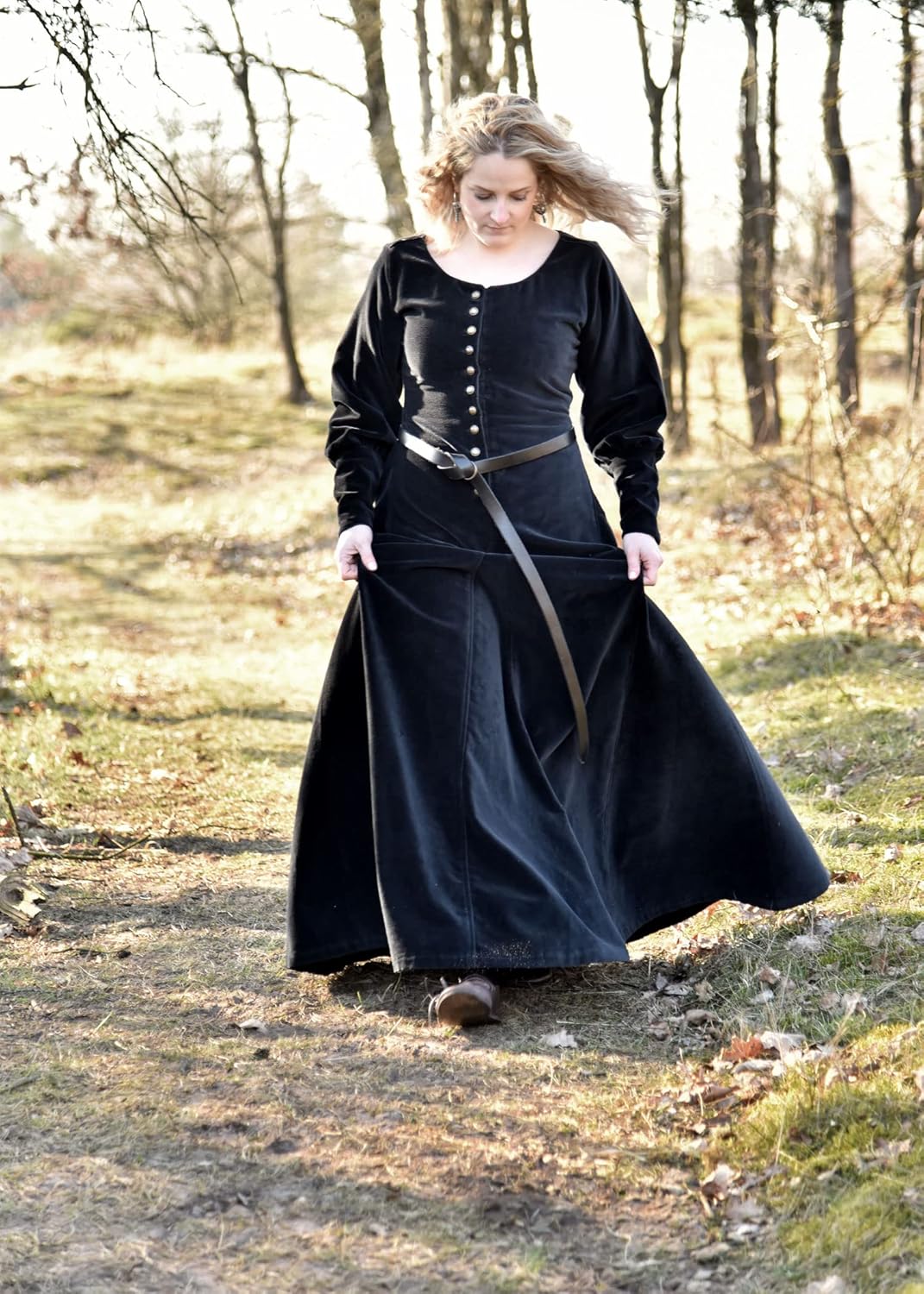 Battle-Merchant Mittelalterkleid Cotehardie Isabell aus Samt lang, Damen, Baumwolle, bodenlang, Vint