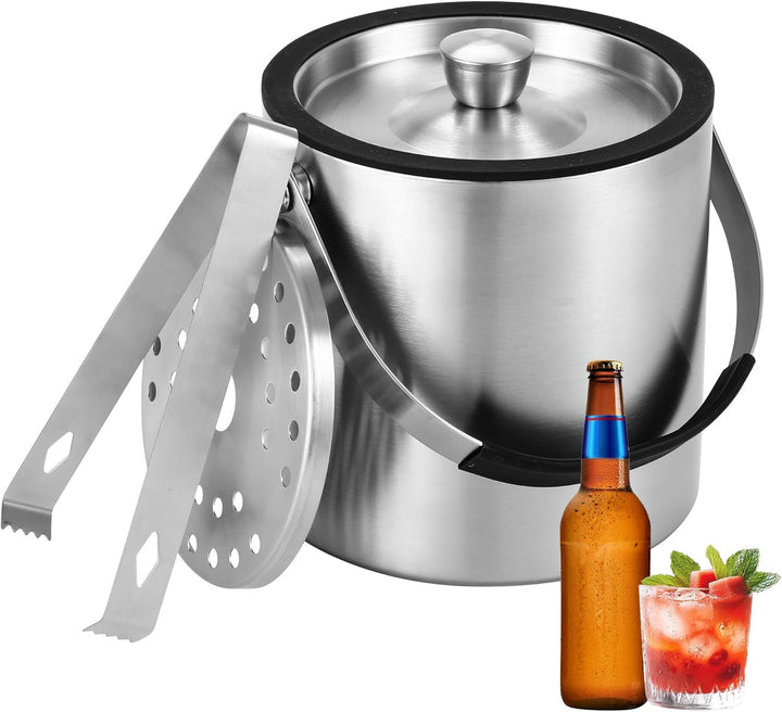 1.6L Eiswürfelbehälter, Eiskübel mit Deckel,Eiswürfelbehälter Edelstahl mit Clips und Sieb, perfekt