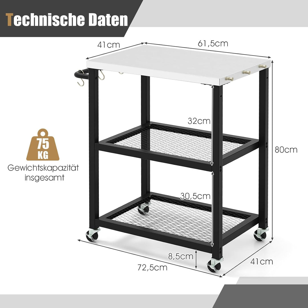 COSTWAY Grillwagen Outdoor, Grilltisch mit 3 Ablagen & 4 Rädern & Griff & 3 Haken, Pizzatisch Beiste
