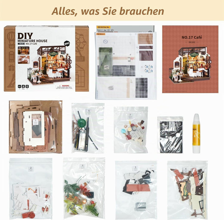 ROBOTIME DIY Holzpuppenhaus Set mit Miniaturmöbeln, Modellbausatz mit Zubehör und LEDs, Modellbausat