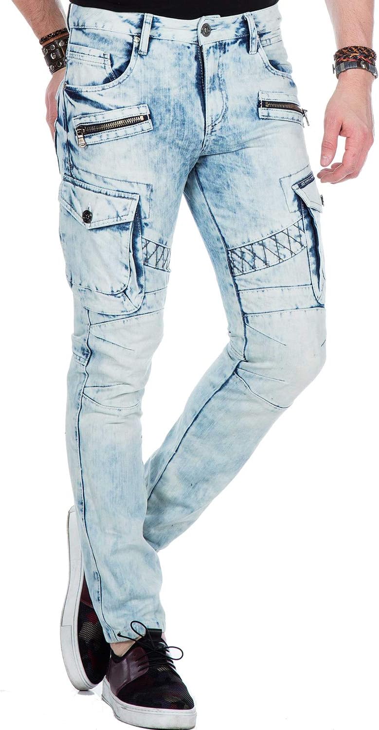 Cipo Baxx Herren Jeans Hose Slim Fit Cargo Design Denim Freizeit Hose Hellblau W32 L34