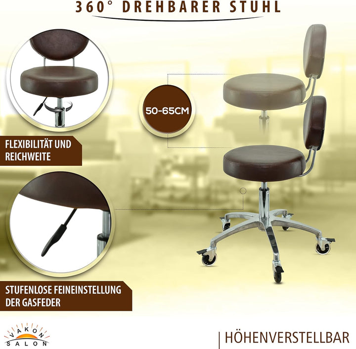 VAKON SALON - Rollhocker mit ovaler Lehne in Braun - Rollen mit Bremse - Höhenverstellbarer von 50 b