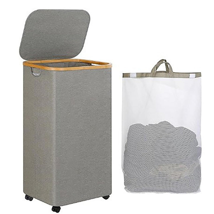 Bambus Wäschekorb 110L mit Rollen und Deckel, faltbare Wäschebox für Bad und Schlafzimmer (GRAY), Gr