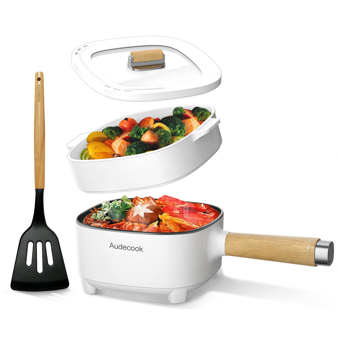 Audecook Elektrischer Hot Pot mit Dampfgarer, 2L/20cm Antihaft Elektropfanne mit Keramikglasur, Trag