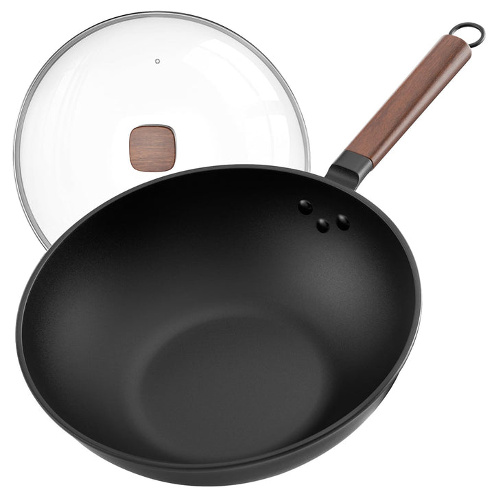Jobin 33cm/13inch Premium Wokpfanne mit Glasdeckel - Kohlenstoffstahl Wok ohne chemische Beschichtun
