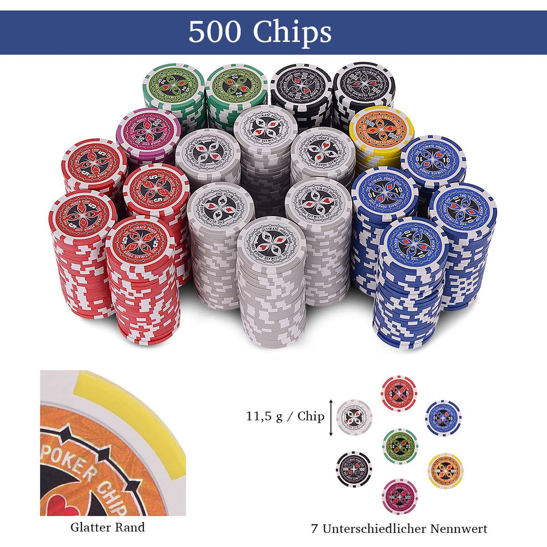 COSTWAY 500 Laser-Chips Pokerset, Poker Komplett Set mit 2 Spielkarten, 5 Würfel, 3 Händler-Chips un