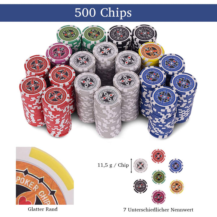 COSTWAY 500 Laser-Chips Pokerset, Poker Komplett Set mit 2 Spielkarten, 5 Würfel, 3 Händler-Chips un
