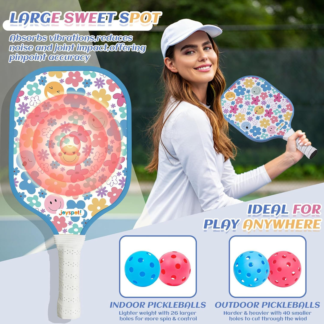 JOY SPOT! Pickleball Schläger 2 Set, Leichter Pickleball Schläger mit Fiberglas-Oberfläche, 4 Bälle