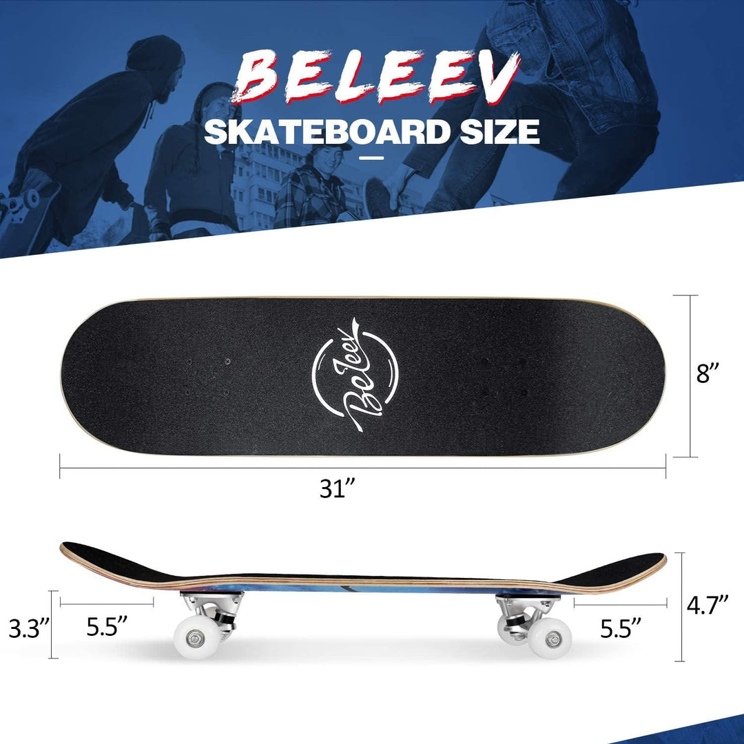 BELEEV Skateboard 31x8 Zoll Komplette Cruiser Skateboard für Kinder Jugendliche Erwachsene, 7-Lagige