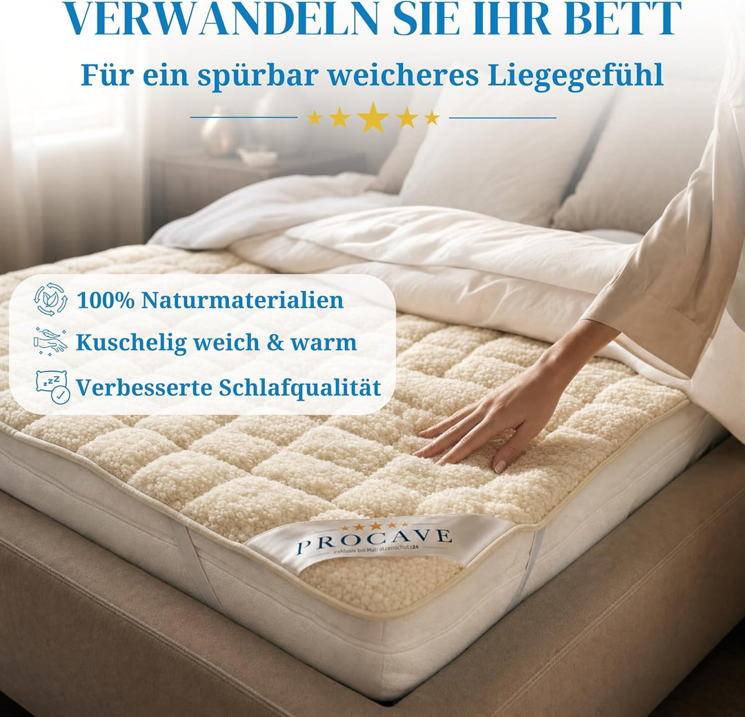 PROCAVE weiches Unterbett mit Lammflor und Schurwolle, hochwertige Matratzen-Topper, Matratzen-Schon