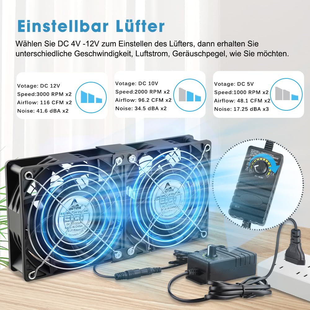 GDSTIME Grosser Luftstrom Dual 120mm Lüfter mit AC Stecker 220V 230V 240V 120 x 38mm Kühlung Lüfter