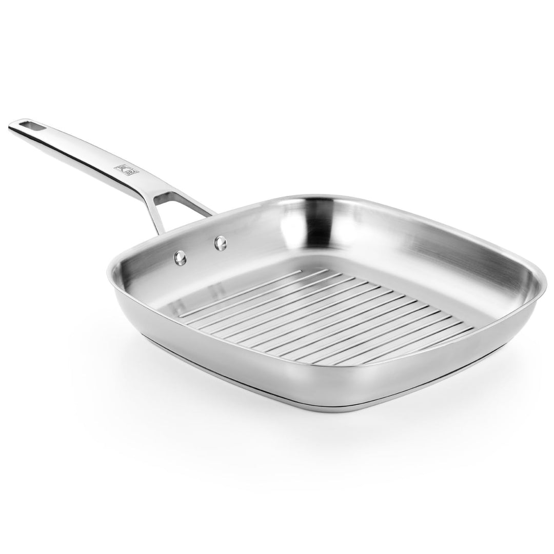 BRA Signature Grillpfanne mit Rillen, 24 cm, aus Edelstahl, ohne Antihaftbeschichtung, ergonomischer