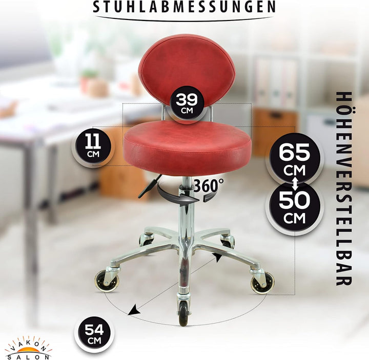 Premium Rollhocker Rot mit ovaler Lehne höhenverstellbar von 50 bis 65 cm - Rundsitz- Drehhocker Arb