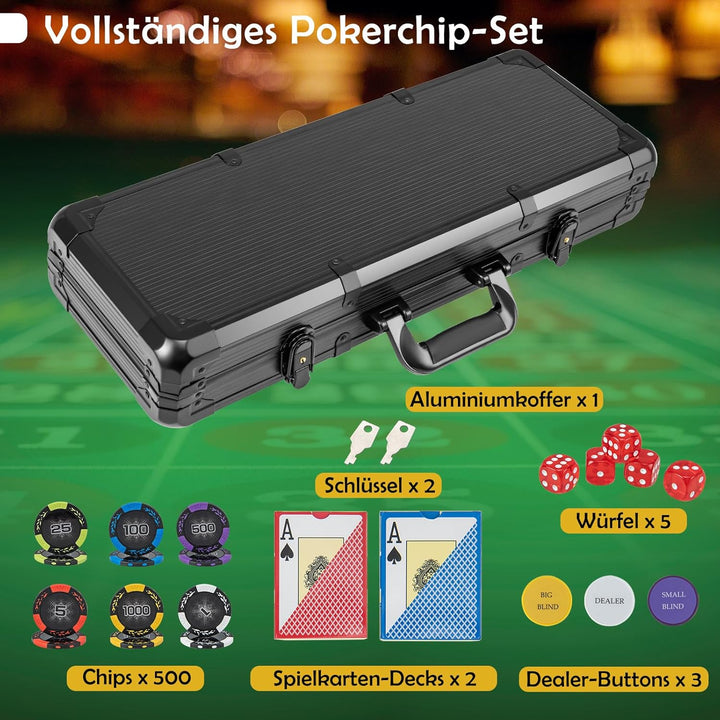 DREAMADE Aluminium Pokerkoffer mit 500 nummerierten Laser Poker Chips/ 2 Pokerkarten Set/ 5 Würfel/