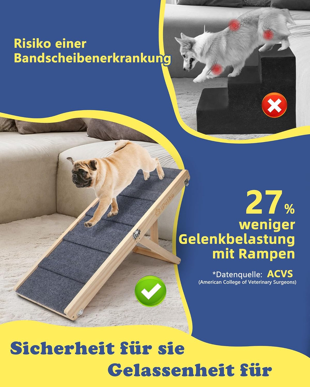 Hunderampe für Bett & Sofa – Gelenkschonend, Anti-Rutsch, Klappbar, Verstellbar, Tragbar, Für Hunde