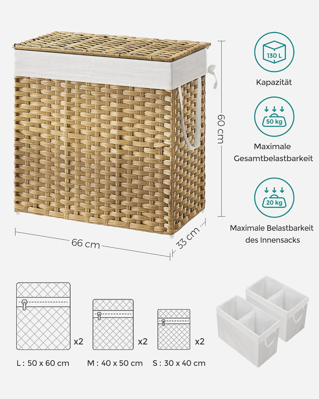 SONGMICS Wäschekorb mit Deckel, Wäschesammler 130 Liter, 2 Fächer, herausnehmbarer Wäschesack mit Gr