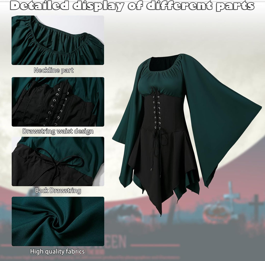 Renaissance Kostüm Frauen Mittelalterliches Kleid mit Trompetenärmel Gotisch Maxikleid Karneval Hall