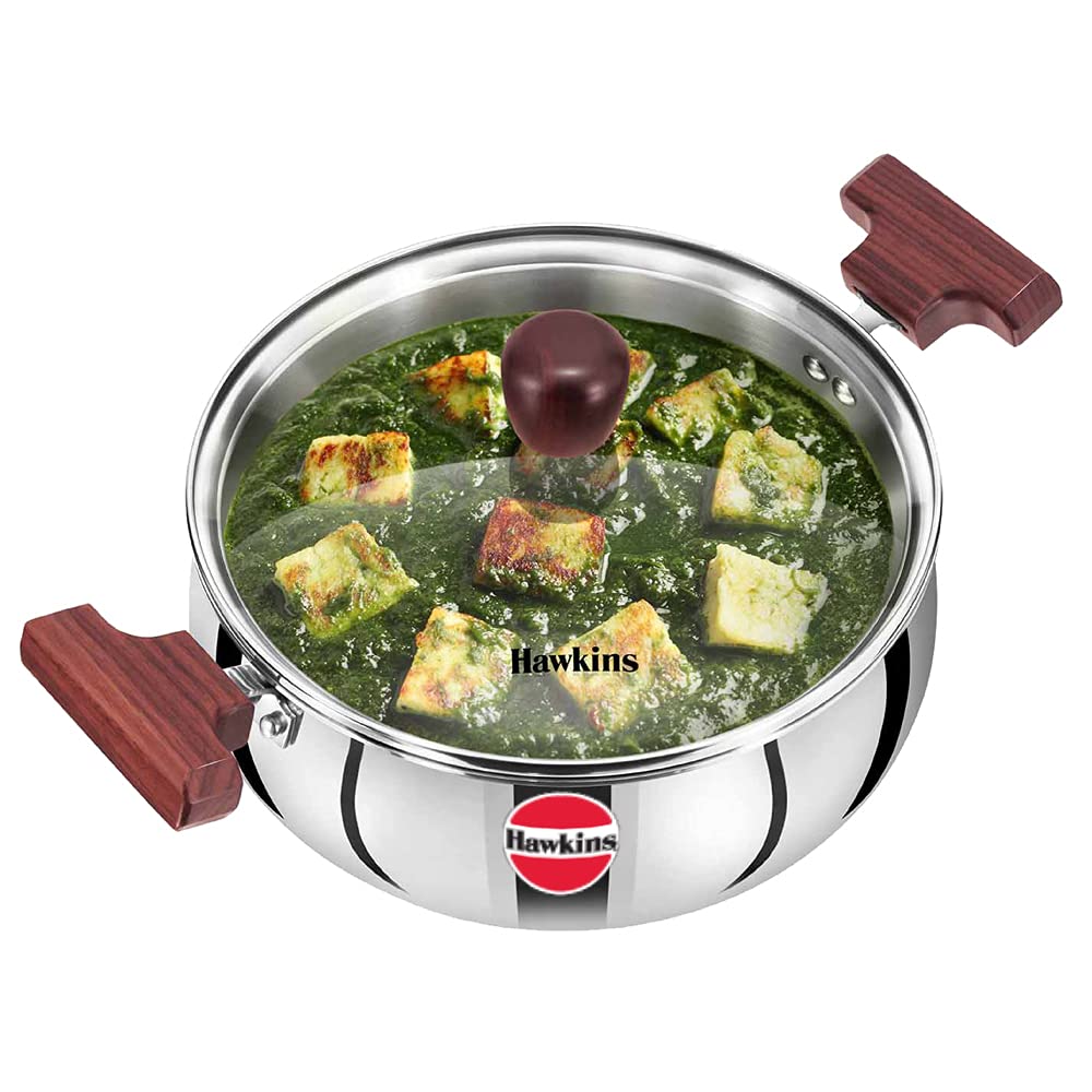 Hawkins 3 Liter Cook n Serve Handi Triply Edelstahl Handi mit Glasdeckel, Induktionssaucenpfanne, St