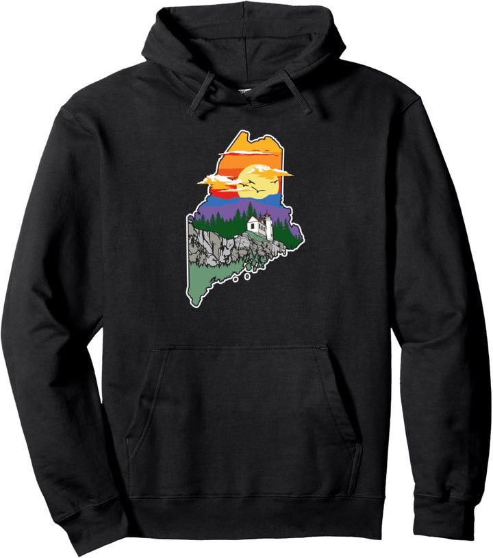 Retro Maine Nature & Outside Lover Illustrated Graphic Pullover Hoodie