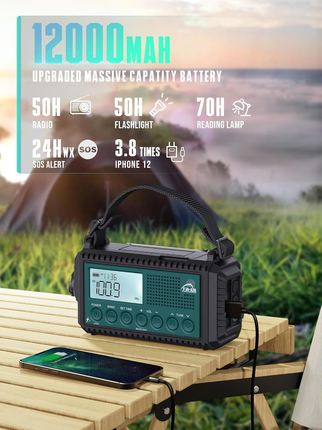 Kurbelradio, 12000 mAh Notfallradio, AM/FM/SW Baustellenradio, 5-Wege Solar Radio mit Weltempfänger,