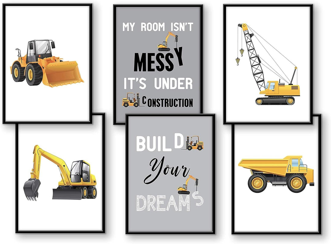 WIETRE® 6er Set Bilder Baufahrzeuge Bagger Kran Kinderzimmer Deko | Bild Junge Babyzimmer Poster DIN