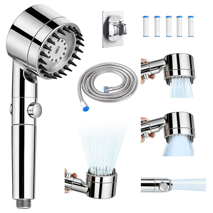 Duschkopf mit Filter, Hochdruck Handbrause mit 2 M Schlauch, Brausekopf Dusche, 4 Strahlarten, Dusch