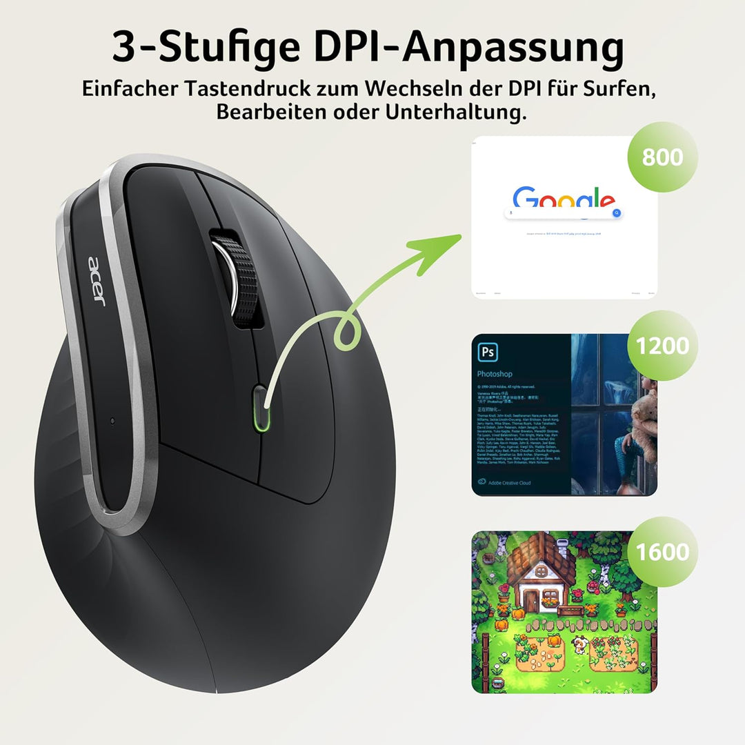 acer 2.4G Ergonomische Maus, Vertikale Optische Maus Kabellos 1600 DPI, Wiederaufladbar Wireless Mou