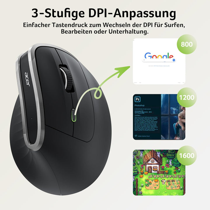 acer 2.4G Ergonomische Maus, Vertikale Optische Maus Kabellos 1600 DPI, Wiederaufladbar Wireless Mou
