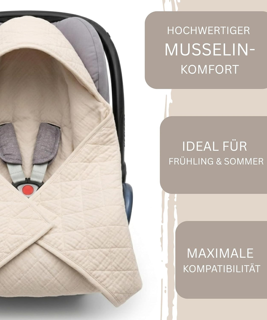 Musselin Einschlagdecke Baby für Babyschale & Kinderwagen - Universal 3/5-Punkt-Gurt - 100% Baumwoll