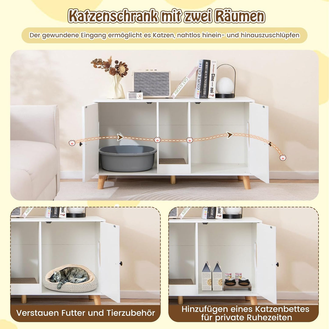 COSTWAY Katzenschrank für Katzentoilette, Katzenklo Schrank mit 2 Türen &amp; Kratzbrett &amp; 2 Sisal-Kratz