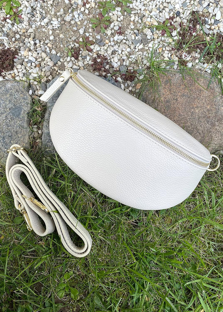 Bauchtasche mit breitem Gurt Damen beige Gold, Leder Crossbody Bag mit breitem Taschengurt, Gürtelta