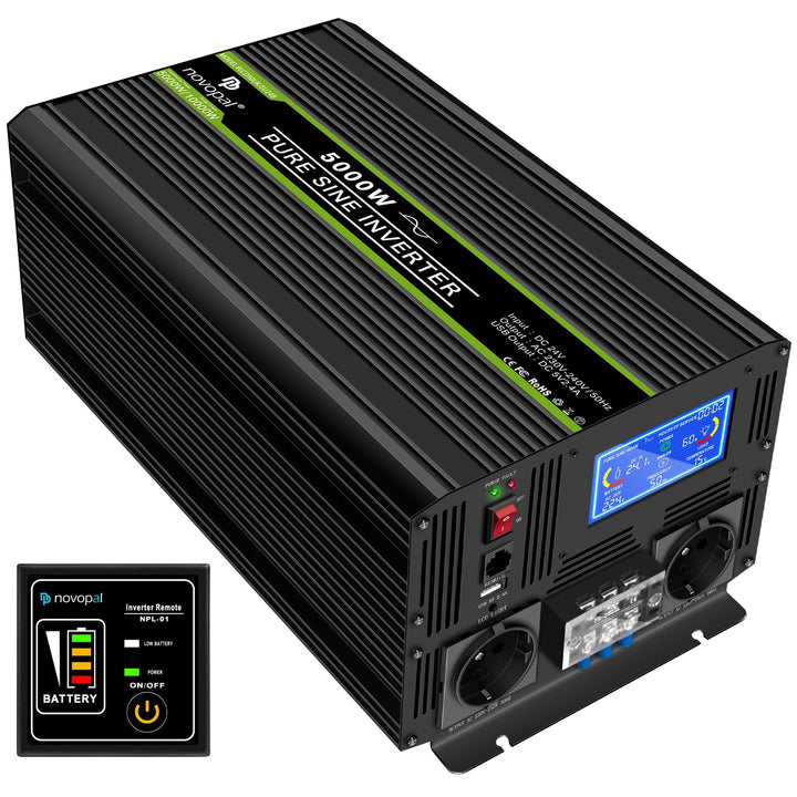 NOVOPAL 5000W KFZ Reiner Sinus Wechselrichter Spannungswandler 24V 230V mit LCD Display und 2 EU Ste