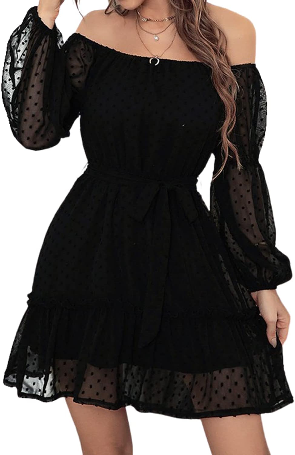 BebreezChic Kleid Damen Elegant Langarm Off Shoulder Einfarbig Swiss Dot Luftig Sommerkleid Miniklei