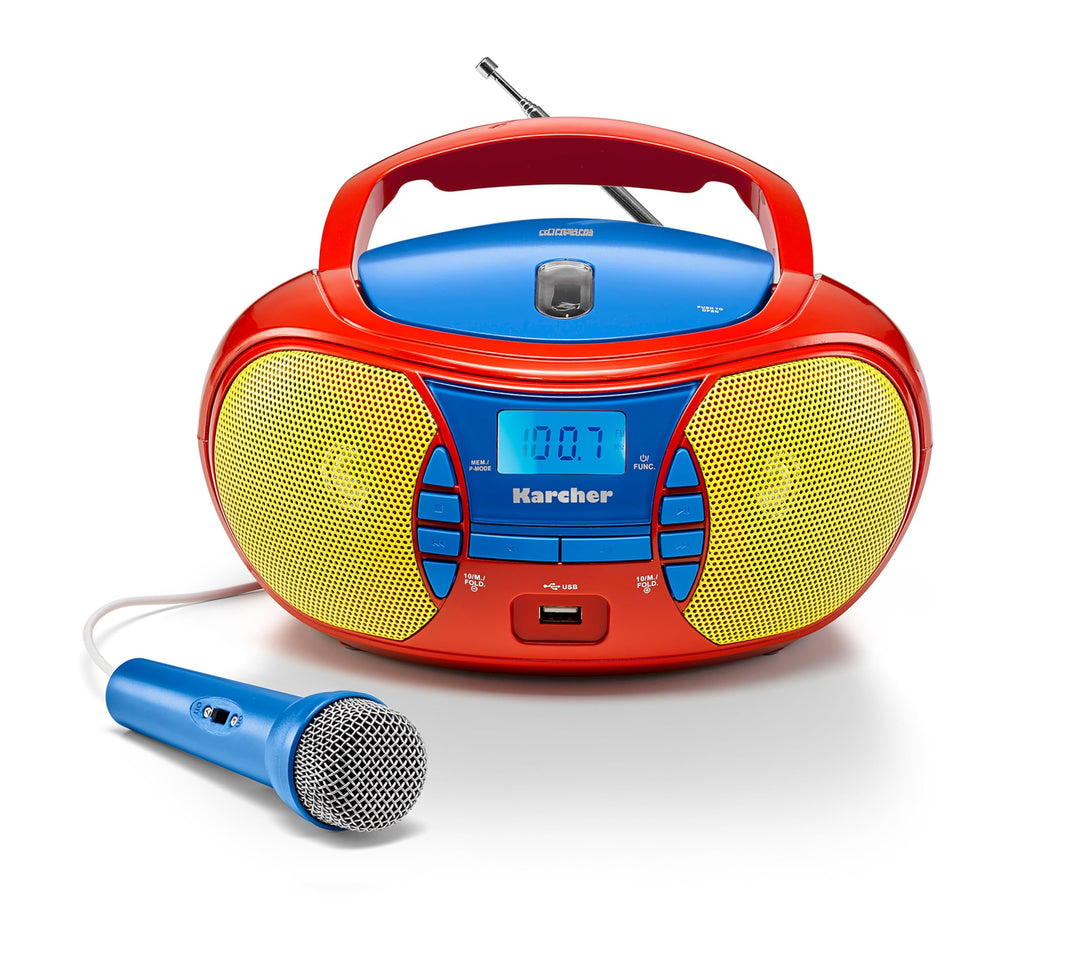 Karcher RR 5026 tragbares CD Radio - bunte Kinder-Boombox mit CD-Player, UKW Radio, USB & Mikrofon -