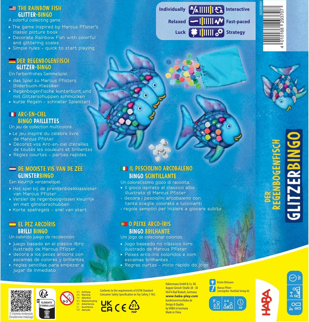 HABA Glitzer Bingo Der Regenbogenfisch – Kinderspiel ab 3 Jahren, Gesellschaftsspiel &amp; Farben-Lernsp
