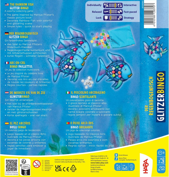 HABA Glitzer Bingo Der Regenbogenfisch – Kinderspiel ab 3 Jahren, Gesellschaftsspiel &amp; Farben-Lernsp