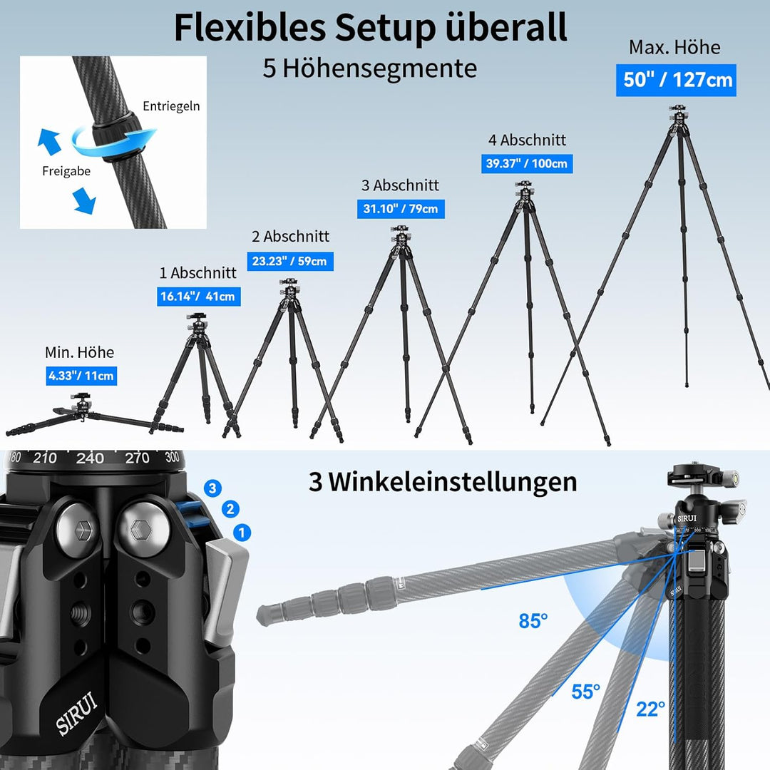 SIRUI Carbon Fiber Reise-Stativ AM-225S+G0 127 cm, Ultrakompakt 43 cm, Leicht 1,2 kg mit Flachkugelk