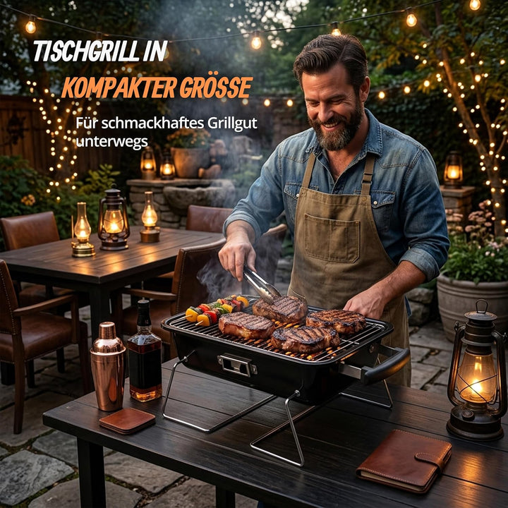 Relaxdays Tischgrill, tragbarer Klappgrill, HBT: 36 x 56 x 30,5 cm, Belüftung, Deckel, Campinggrill,