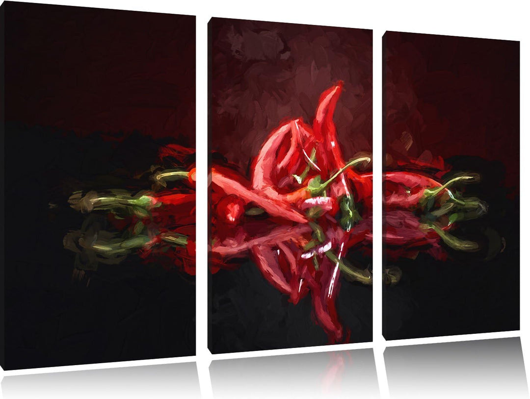 Pixxprint Feurige rote Chili-Choten Kunst Pinsel Effekt 3-Teiler Leinwandbild 120x80 Bild auf Leinwa