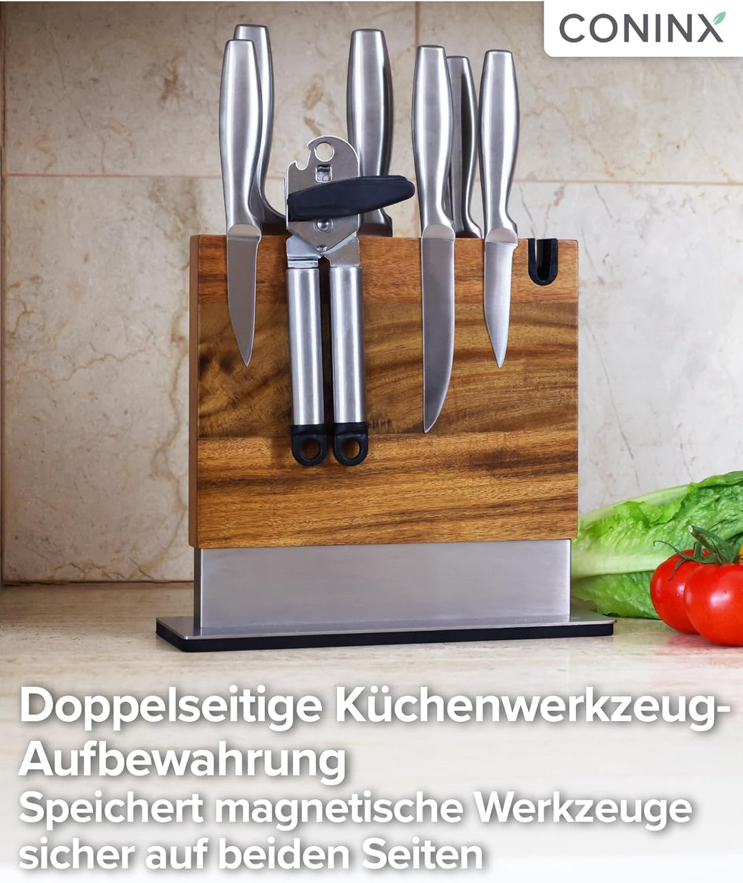 Coninx Magnetischer Messerblock mit integriertem Schärfer – Zweiseitiger Messerhalter aus Akazienhol