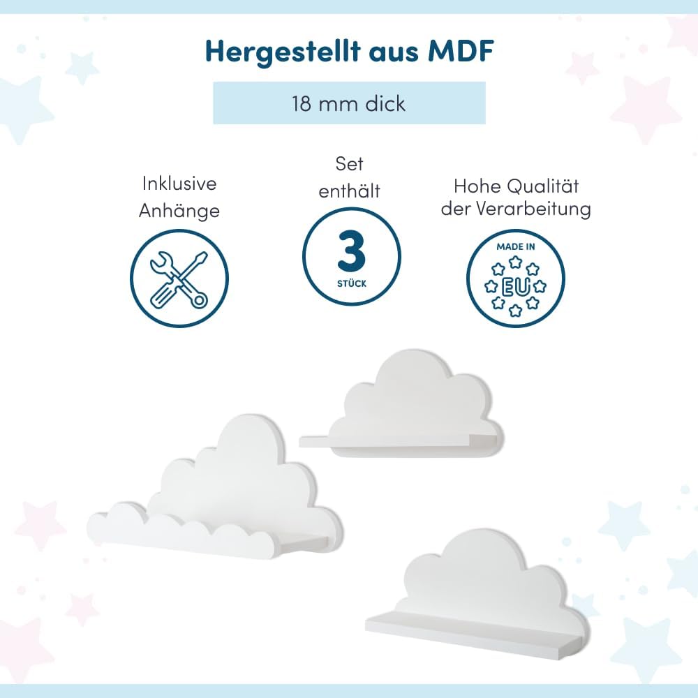 3er Set Wandregal Kinderzimmer Weiss | Babyzimmer Wolkenregal für Bücher, Spielzeug, Dekoration | Re