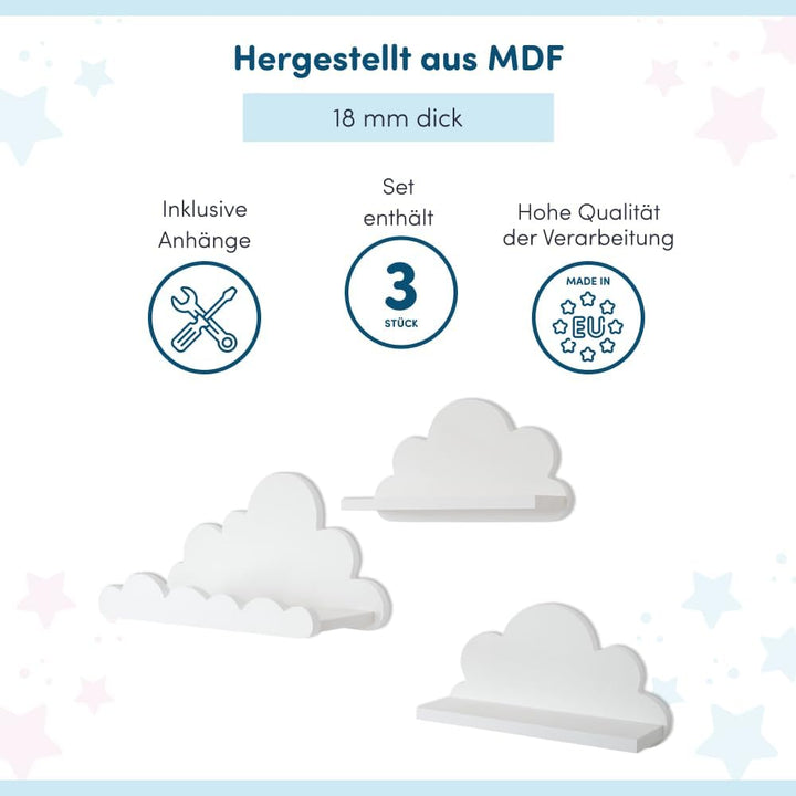 3er Set Wandregal Kinderzimmer Weiss | Babyzimmer Wolkenregal für Bücher, Spielzeug, Dekoration | Re